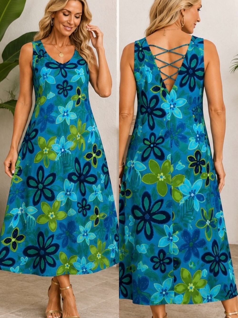 Vintage 90s Scarlett Tropical Floral Midi Dress Lace Back A-Line Size 7/8